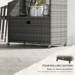 Chariot de service de jardin en résine tressée PE avec étagère à 2 niveaux, gris chiné