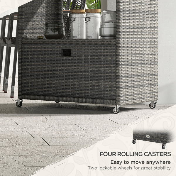 Chariot de service de jardin en résine tressée PE avec étagère à 2 niveaux, gris chiné