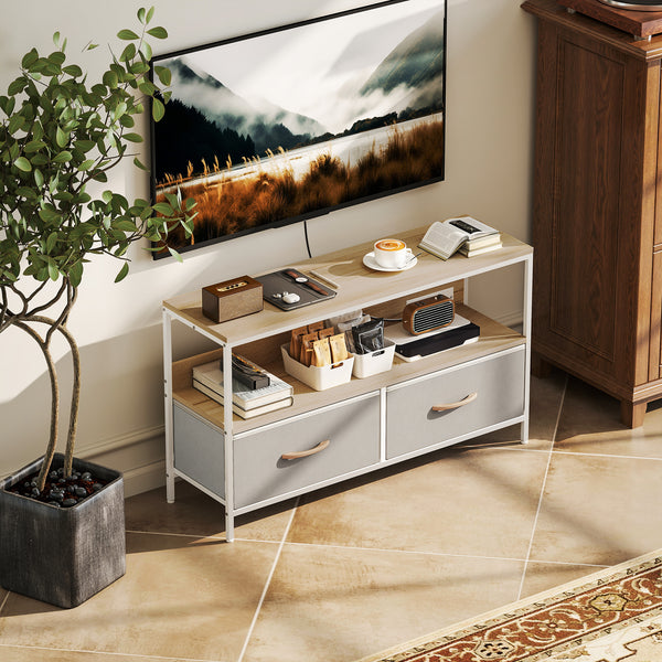 Meuble avec station de charge et étagère ouverte pour TV 47 pouces, chêne