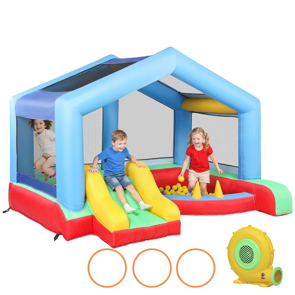 Château gonflable pour enfants, structure gonflable avec toboggan, piscine à balles, jeu de lancer d'anneaux, parasol et souffleur