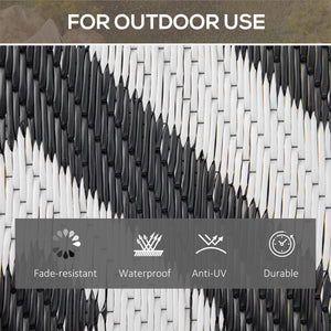 Tapis d'extérieur réversible pour patio, tapis en paille plastique 1,5 x 2,4 m pour jardin, terrasse, plage, camping, noir et blanc