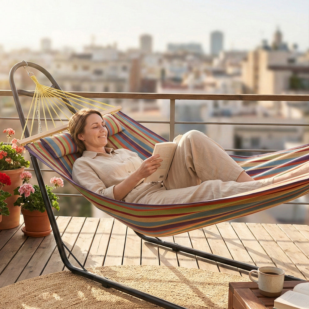 Hammock with Stand, Heavy Duty Camping Hammock with Detachable Pillow and Spreader Bar, 264 lbs Capacity, Multicolor