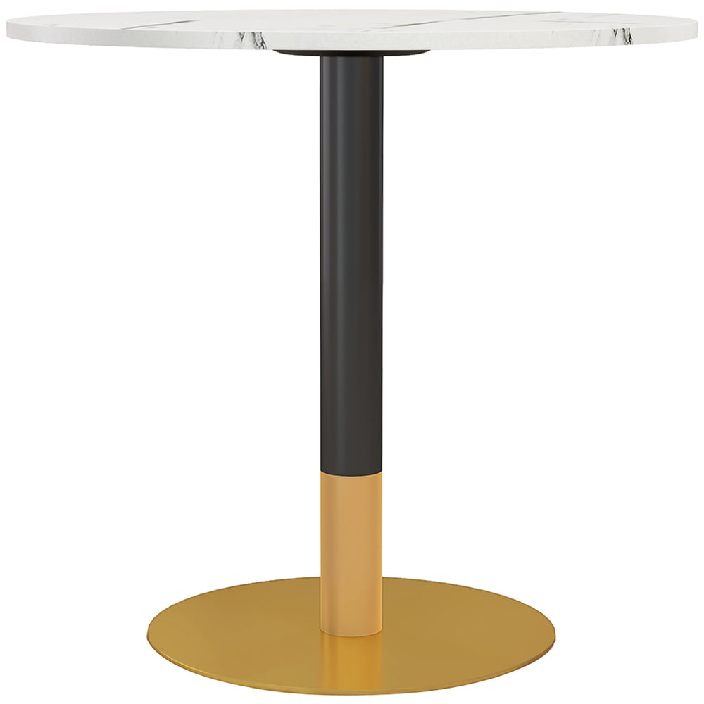 Round dining table with imitation marble top, steel base, white