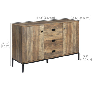 Industrial sideboard with 2 doors, 3 drawers, and shelves, brown.