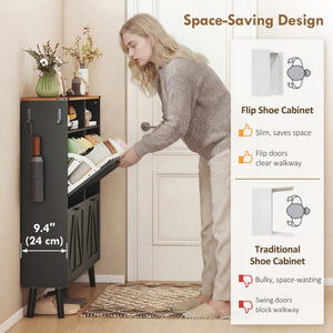 Shoe cabinet with 4 tip-up drawers, country style, narrow, holds up to 24 pairs, black