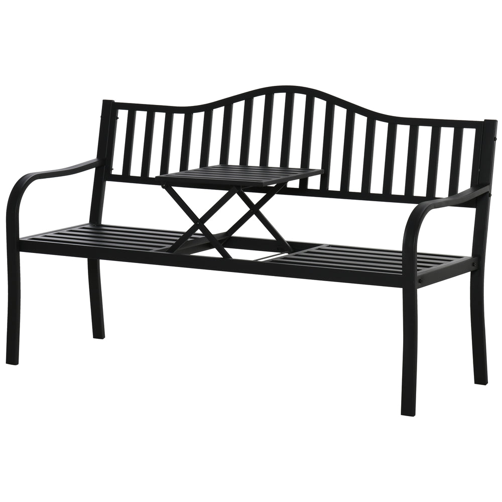 Banc d'extérieur en métal avec table centrale relevable pour 2 à 3 personnes, noir