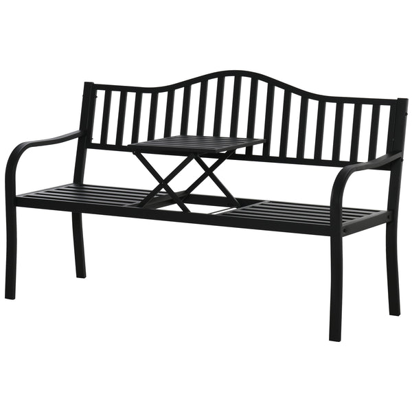 Banc d'extérieur en métal avec table centrale relevable pour 2 à 3 personnes, noir