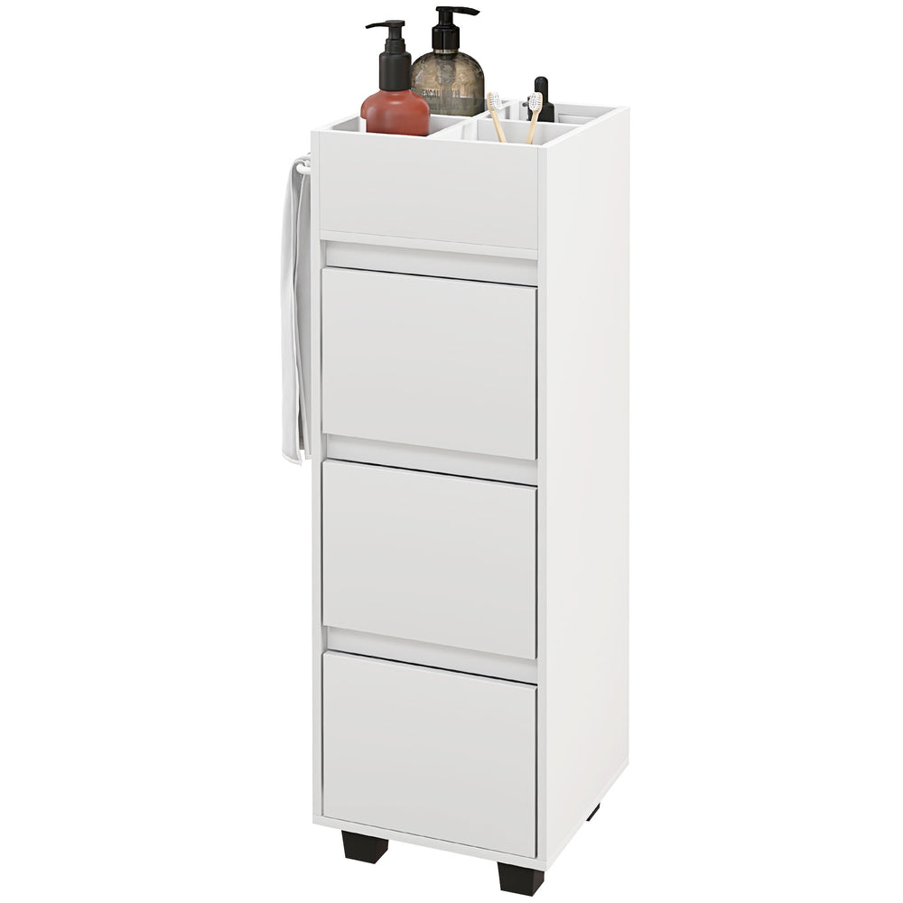 Narrow storage cabinet with 3 drawers, 4 compartments and towel rack – White