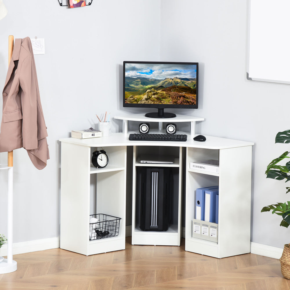 L-shaped computer desk with monitor stand, white