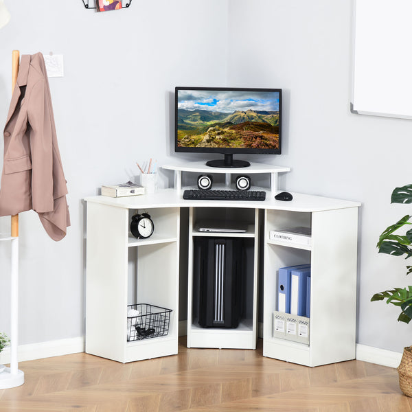L-shaped computer desk with monitor stand, white