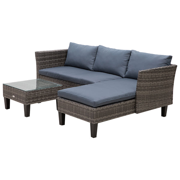 Ensemble de mobilier 3 pièces en résine tressée, table avec plateau en verre, gris