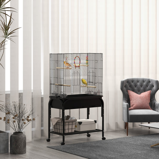 Cage à oiseaux pour perruches, canaris, pinsons, inséparables, perruches, avec support roulant, jouets, noir