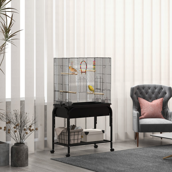 Cage à oiseaux pour perruches, canaris, pinsons, inséparables, perruches, avec support roulant, jouets, noir