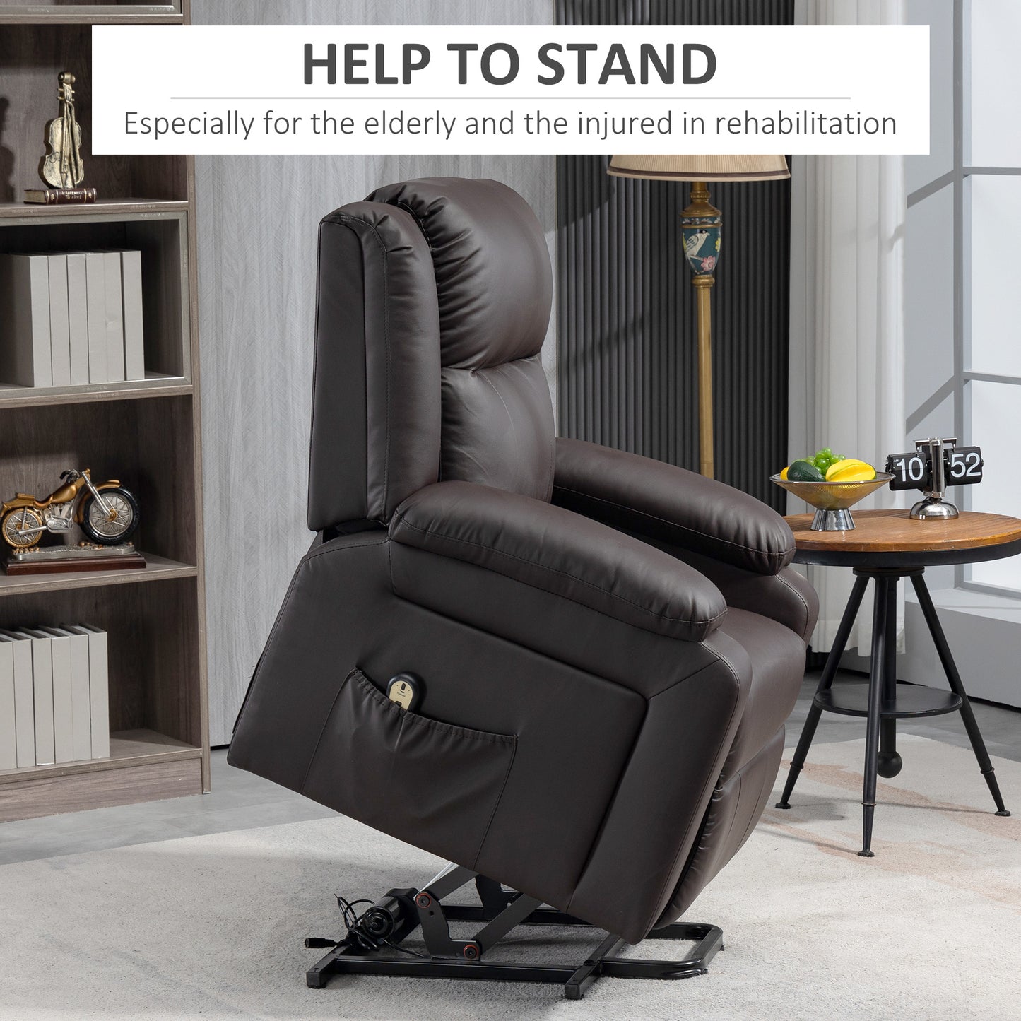 Fauteuil releveur électrique en cuir synthétique avec télécommande, poches latérales, montage rapide, marron