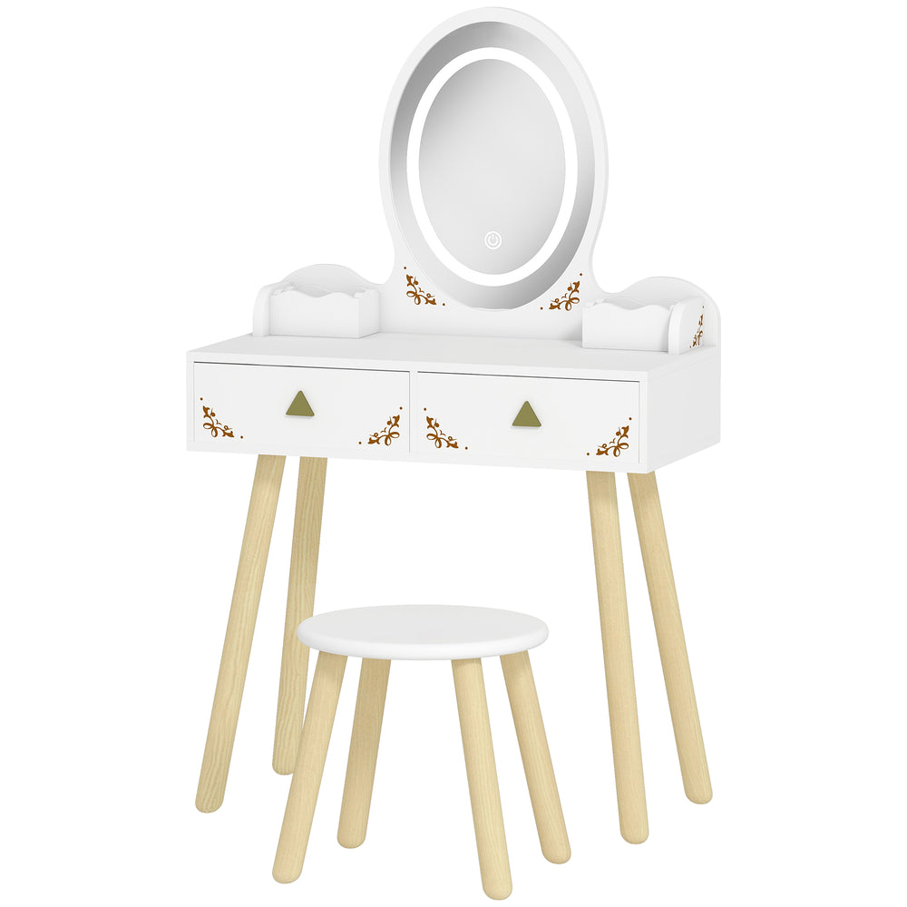 Coiffeuse pour enfants avec miroir, tabouret et lumières LED 3 couleurs, blanche