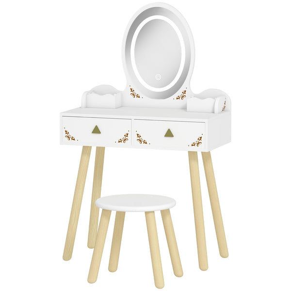 Coiffeuse pour enfants avec miroir, tabouret et lumières LED 3 couleurs, blanche