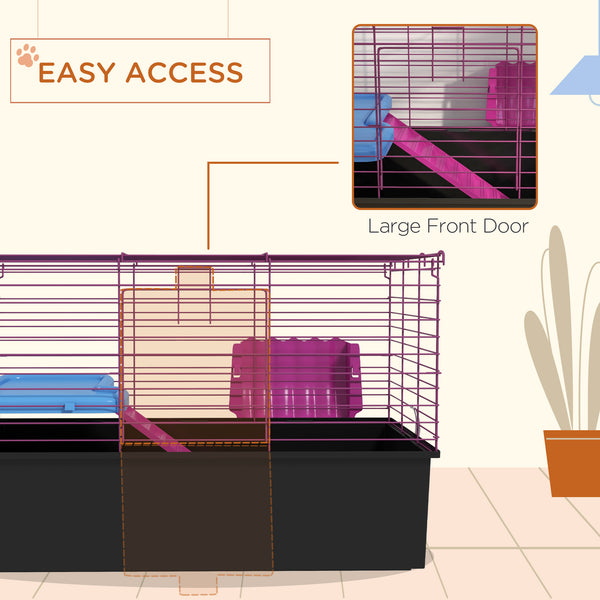 Cage pour petits animaux avec biberon, gamelle, plateforme et rampe, noire