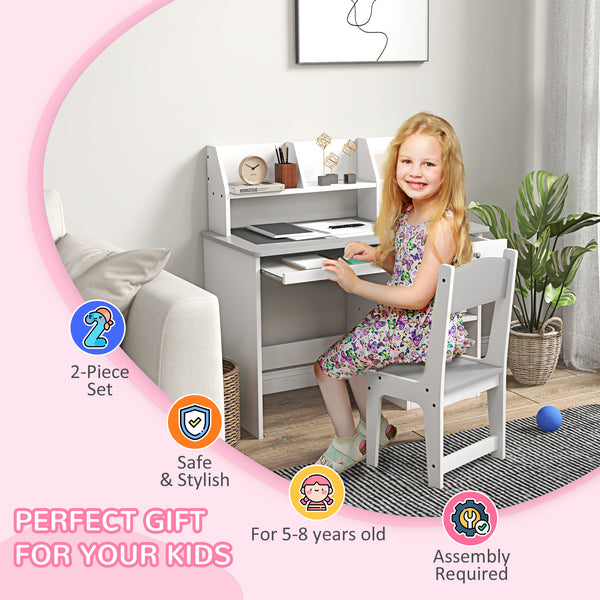 Desk and chair set for children aged 4 to 8 years with storage, gray