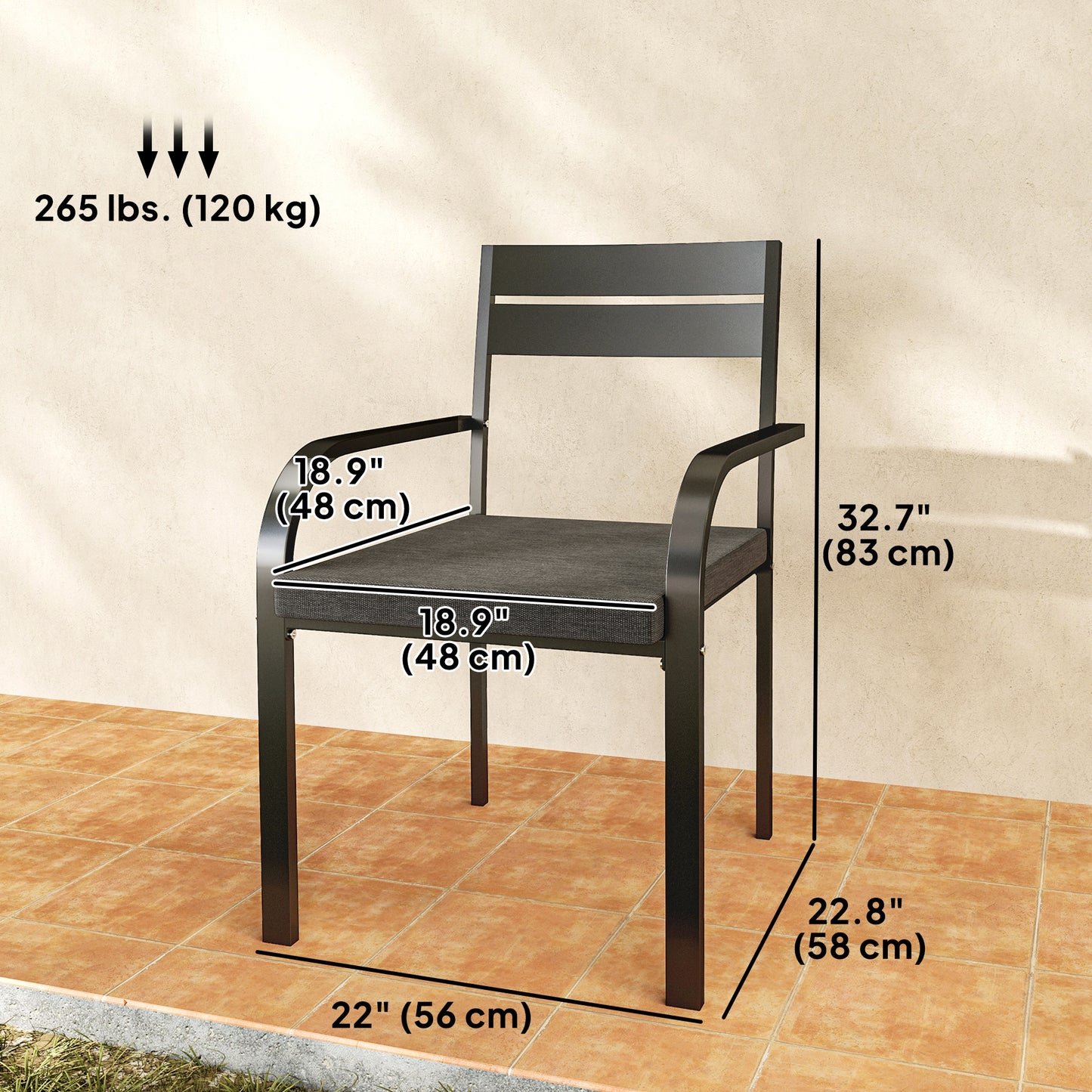 Chaises de salle à manger d'extérieur 2 pièces, structure en aluminium, coussin moelleux, gris