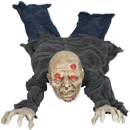 Décoration d'Halloween grandeur nature pour l'extérieur, zombie rampant, 1,67 m, avec son et mouvement activés, yeux lumineux, son effrayant