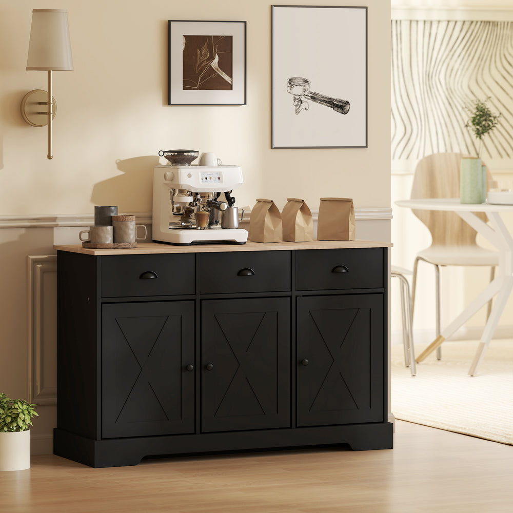 Buffet style ferme, avec 3 portes coulissantes et 3 tiroirs, pour salon ou cuisine, noir.