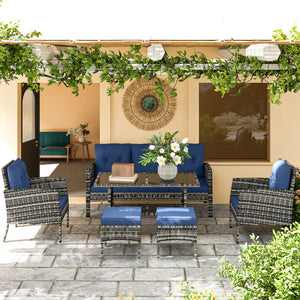 Ensemble de meubles de jardin 6 pièces avec chaises de jardin, poufs, canapé, table en verre et coussins, bleu marine