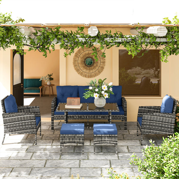 Ensemble de meubles de jardin 6 pièces avec chaises de jardin, poufs, canapé, table en verre et coussins, bleu marine