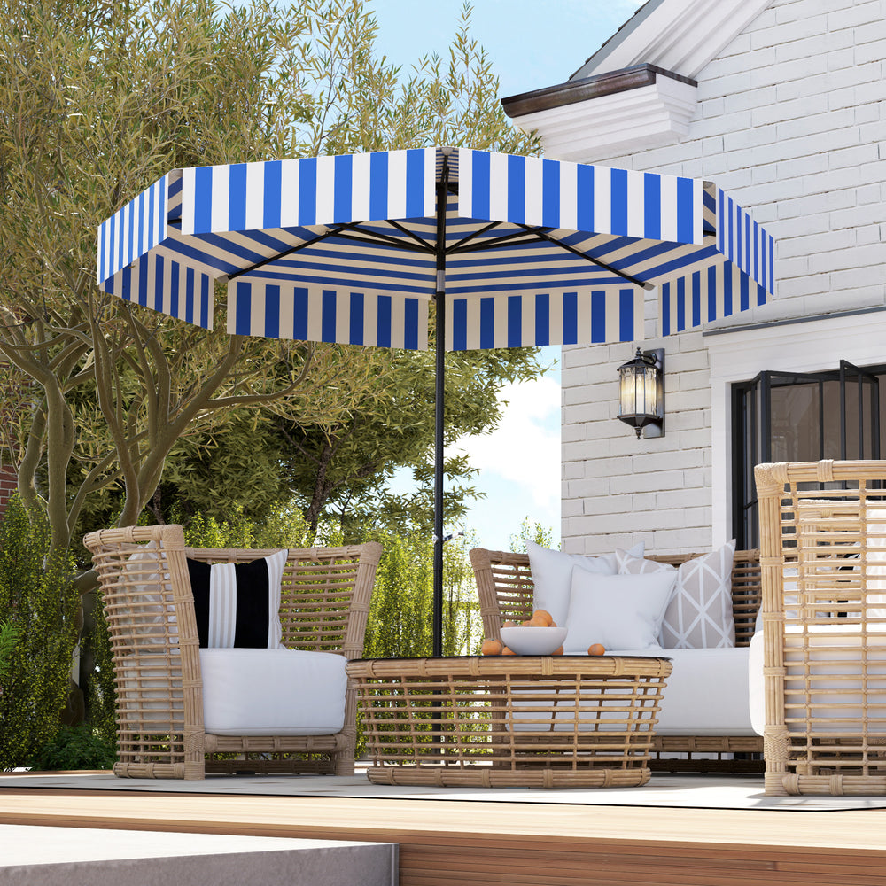Parasol inclinable de 8,7 pieds avec manivelle et aération, bleu et blanc