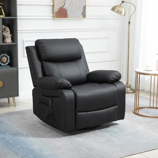 Fauteuil inclinable en cuir synthétique avec massage par vibration, base pivotante, fonction bascule, télécommande, noir