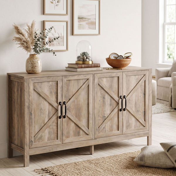 Sideboard Buffet, Storage Cabinet with Barn Door and Adjustable Shelf, TV Stand for TVs up to 65 Inches, Light Gray