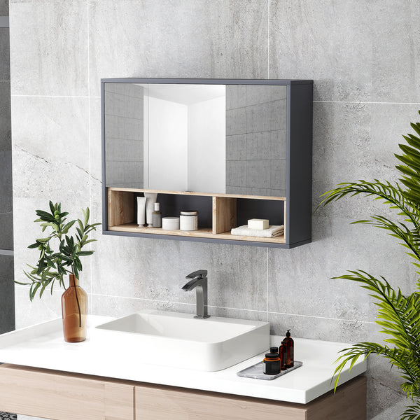 Armoire à pharmacie murale avec miroir et étagères, gris