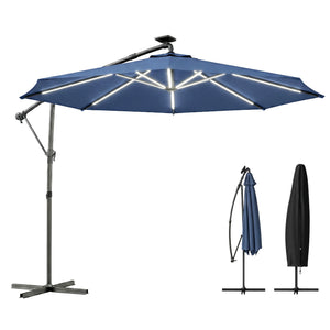 3m cantilever parasol with solar lighting, 360° rotation, tilt, and protective cover, navy blue