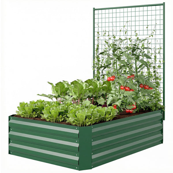 Jardinière surélevée galvanisée avec treillis pour plantes grimpantes, bac à fleurs d'extérieur à fond ouvert, vert