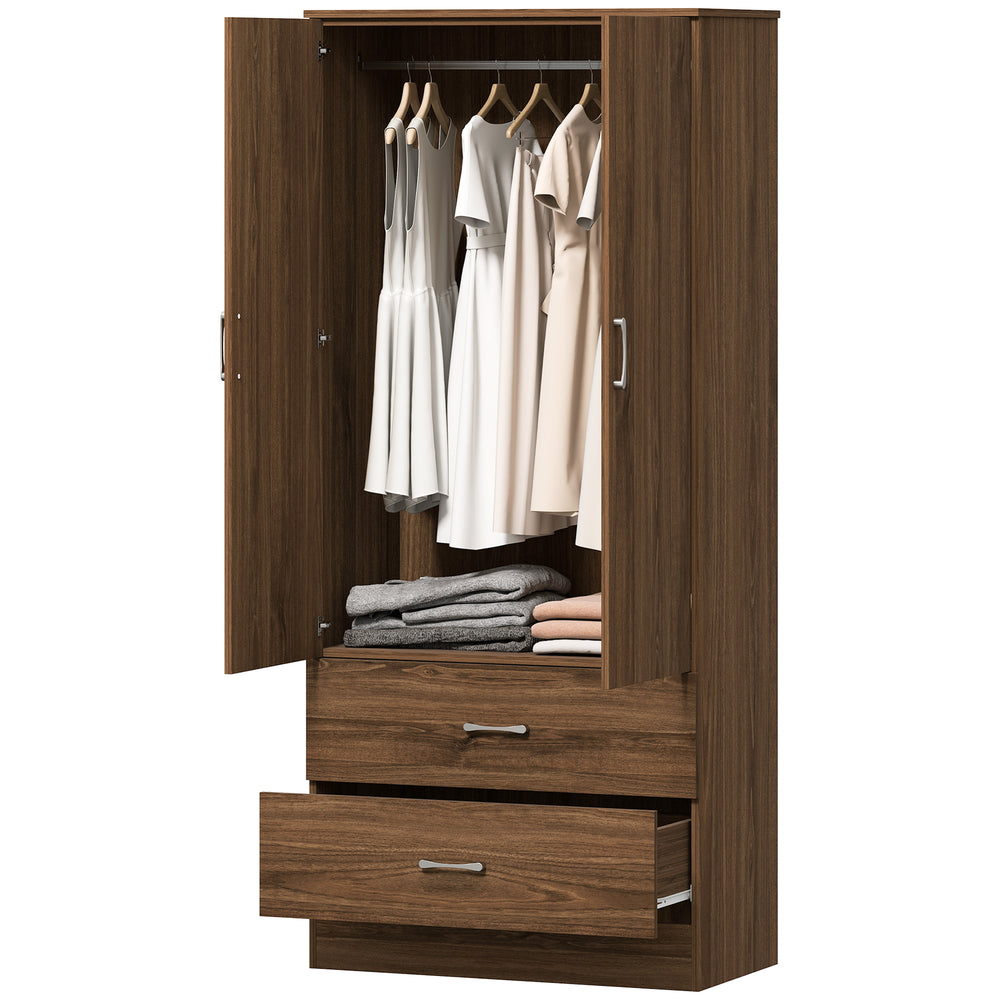 Armoire penderie avec tringle de suspension et 2 portes avec 2 tiroirs, noyer