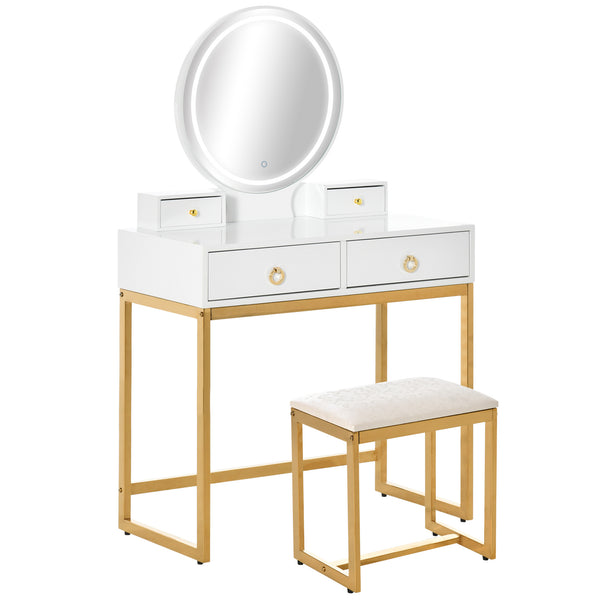 Coiffeuse avec miroir tactile 3 couleurs et éclairage à intensité variable, blanc