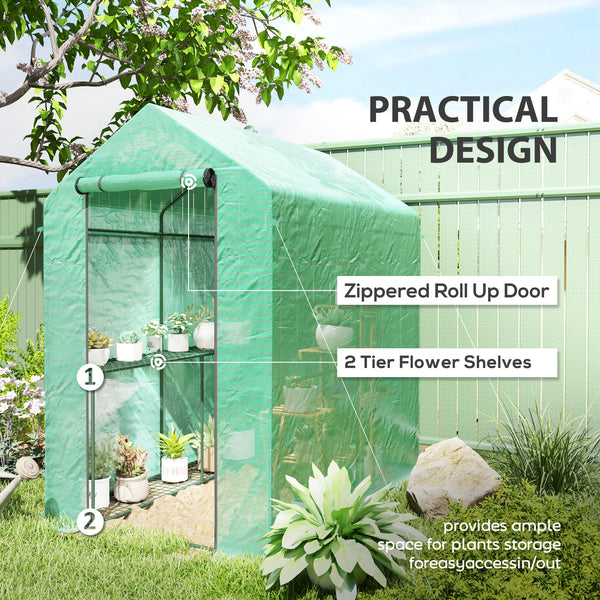 Portable outdoor greenhouse with roll-up door, green