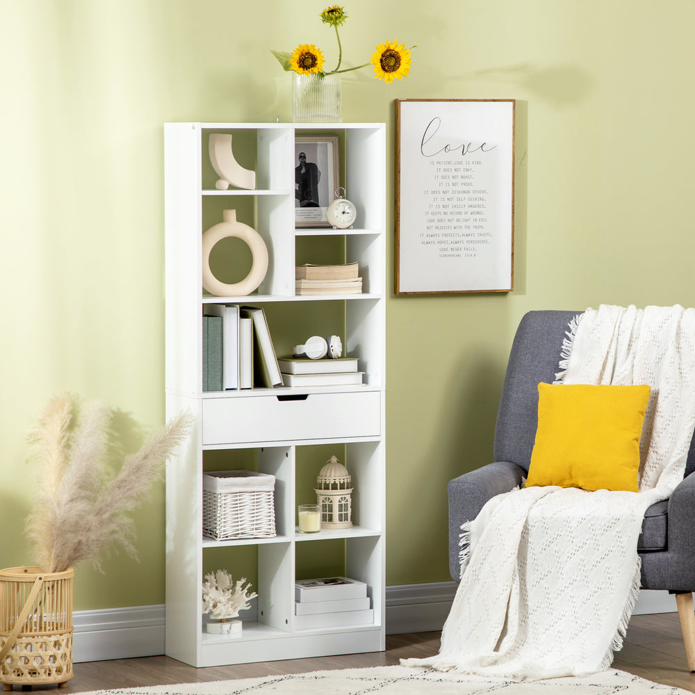 Bibliothèque haute avec tiroir, bibliothèque autoportante pour chambre, salon, bureau, blanc