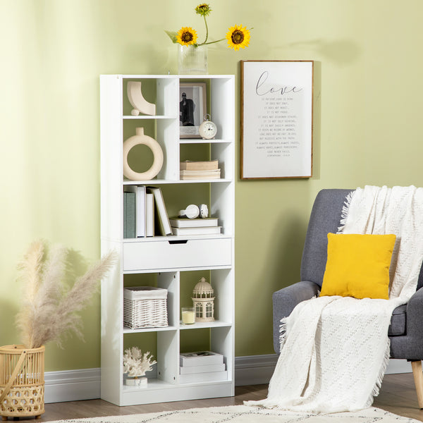 Bibliothèque haute avec tiroir, bibliothèque autoportante pour chambre, salon, bureau, blanc