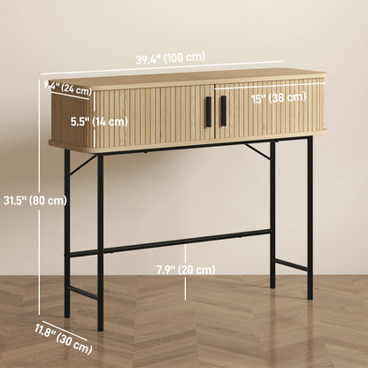Console étroite avec portes coulissantes à lattes et pieds en acier, chêne et noir