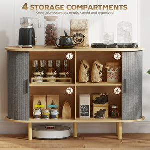Sideboard with fluted tambour sliding doors with shelves and wooden legs, grey