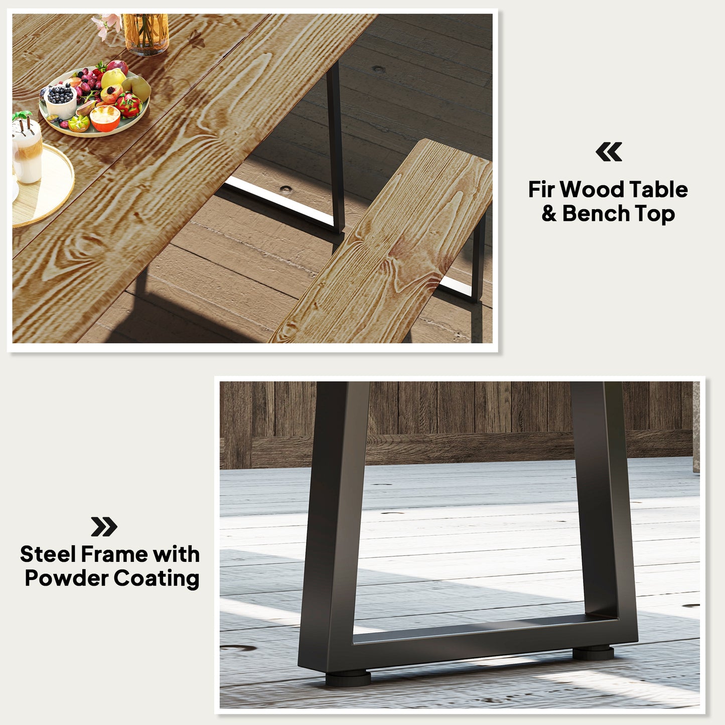 Ensemble table et banc de pique-nique pour 6 personnes avec trou pour parasol de 5 cm, plateau à lattes et structure en acier