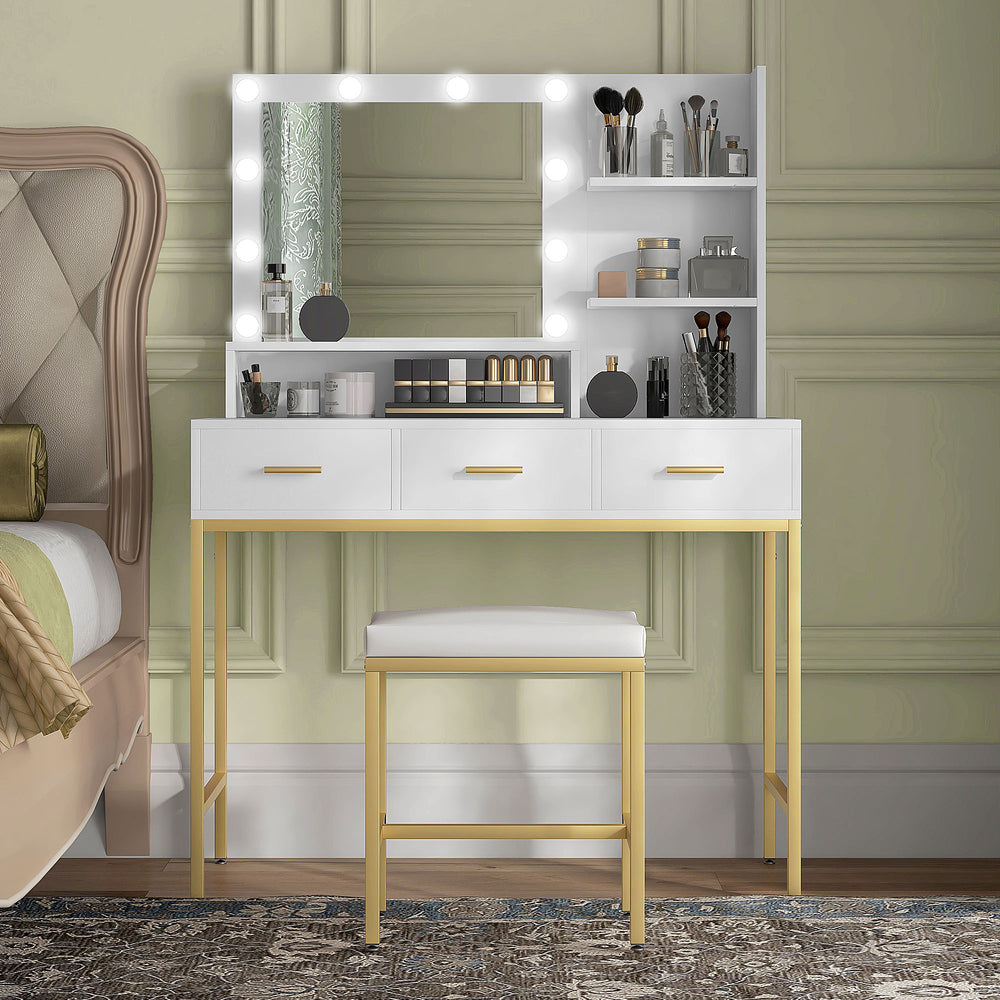 Coiffeuse lumineuse LED avec miroir, 3 tiroirs et étagères de rangement, blanc