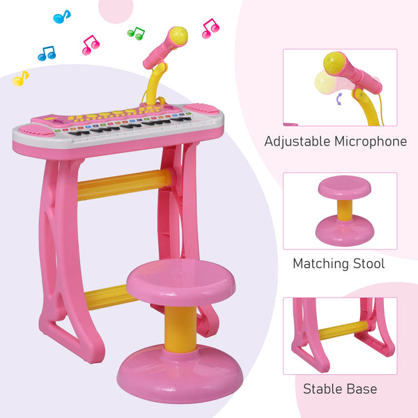 Piano-clavier avec tabouret, microphone fonctionnel et lampe de poche lumineuse, rose