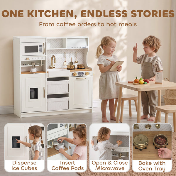 Cuisine de jeu pour enfant avec machine à café, distributeur de glaçons et rangements, blanc