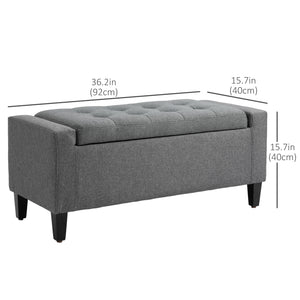 Banc ottoman de rangement capitonné en tissu toucher lin avec plateau rabattable, gris