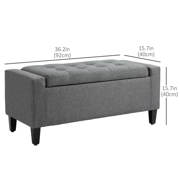 Banc ottoman de rangement capitonné en tissu toucher lin avec plateau rabattable, gris