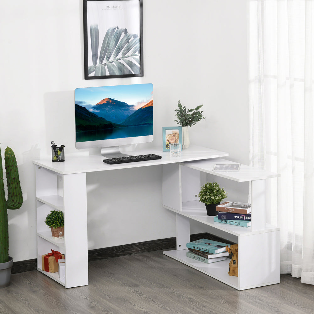 Bureau d'angle 47" en forme de L, pivotant à 360°, réversible, avec étagère de rangement, blanc