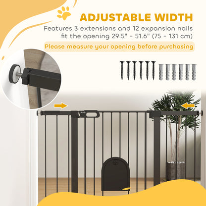 Barrière extra large pour animaux PawHut de 76 à 132 cm avec petite porte, barrière de sécurité pour chien de 89 cm de hauteur, fixation par pression pour escalier, noire