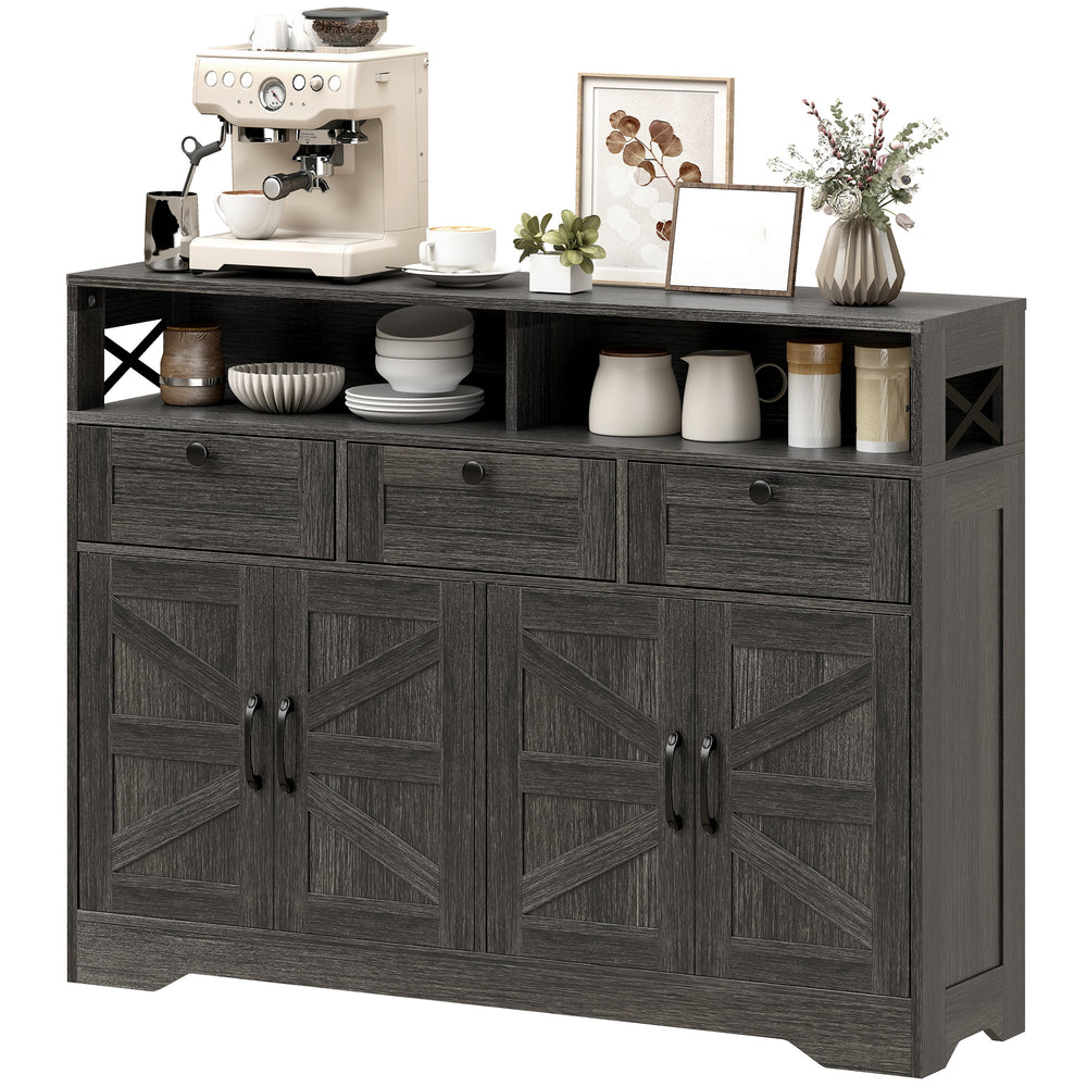 Buffet avec 4 portes coulissantes de style grange avec 3 tiroirs et étagères réglables, marron foncé