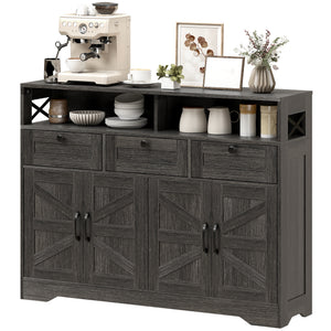 Buffet with 4 barn-style sliding doors with 3 drawers and adjustable shelves, dark brown